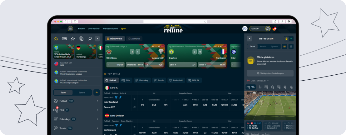 Rollino Casino Wettfunktionen und Angebot desktop