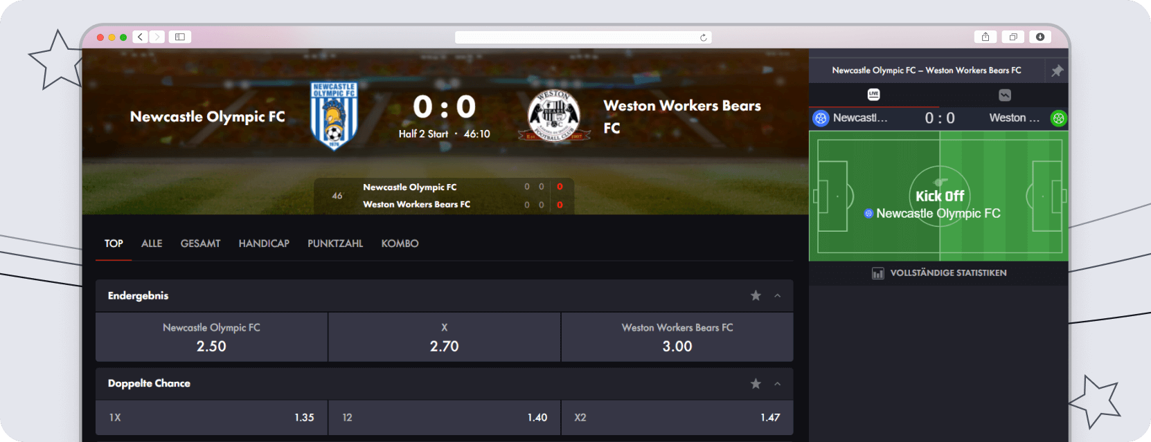 Live-Wetten-Übersicht mit animiertem Spielfeld.