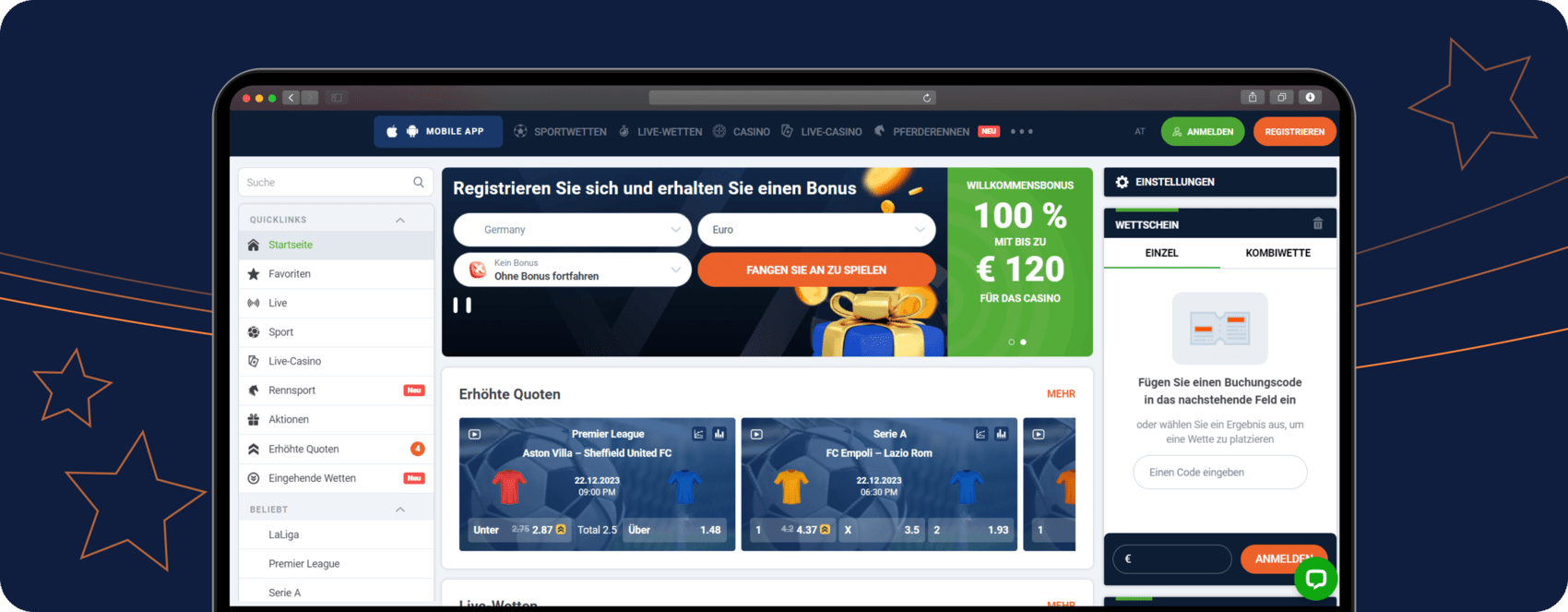 Screenshot der 20Bet-Homepage mit dem Sport-Willkommensbonus