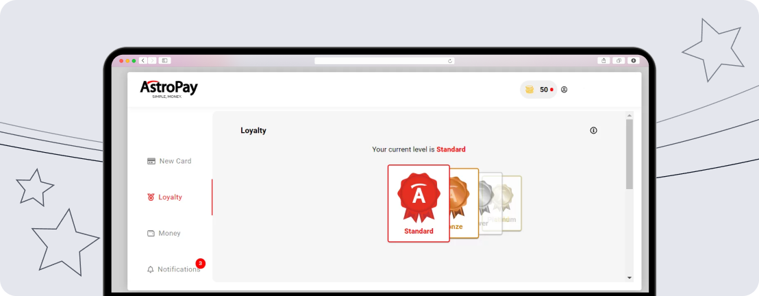 Screenshot, die das Standard-Loyalitätsniveau bei AstroPay zeigt.