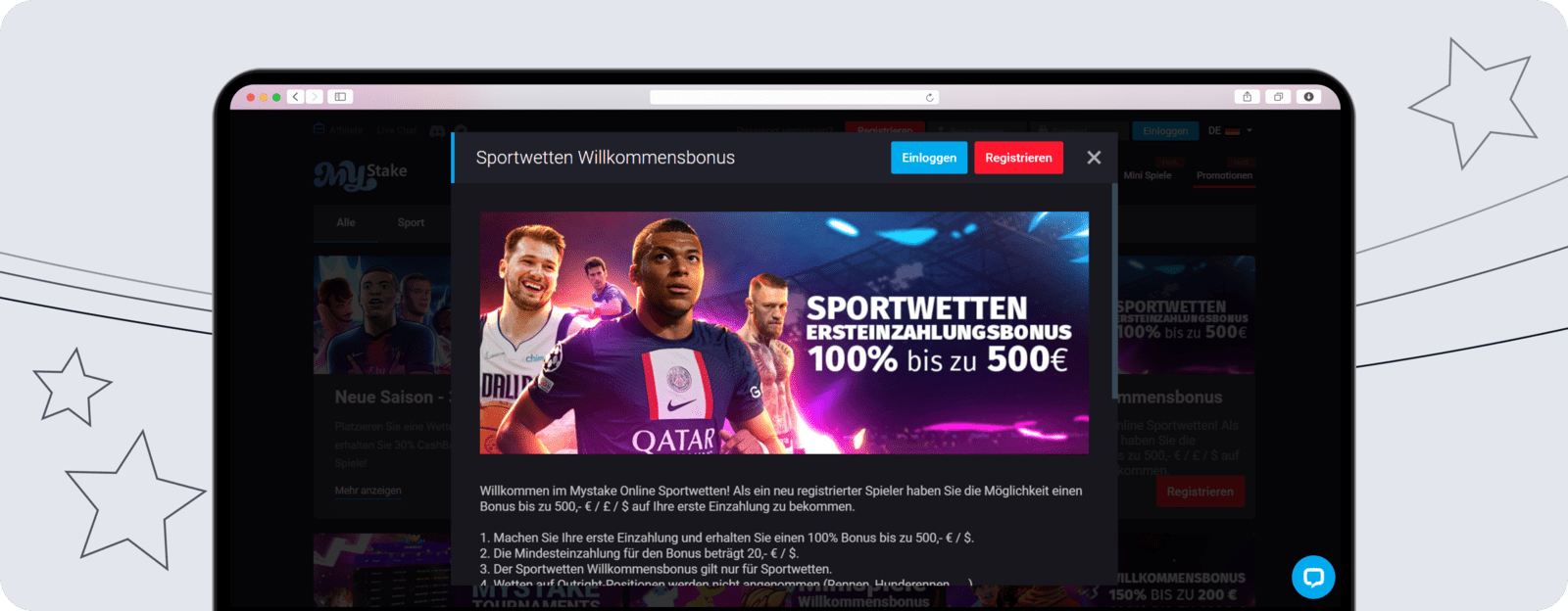 Screenshot des Willkommensbonus bei MyStake – 100 % bis zu 500 EUR