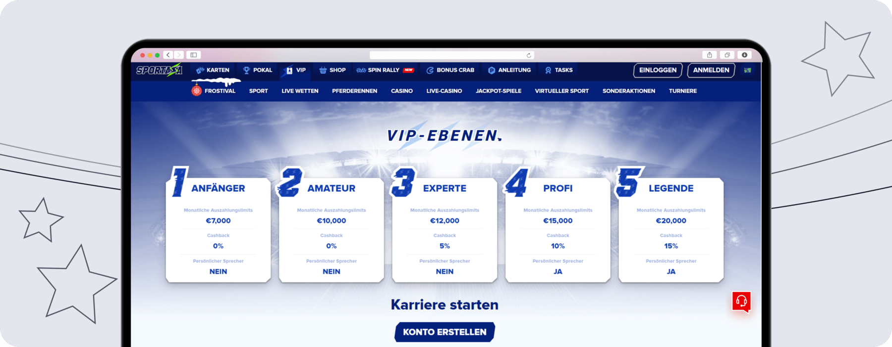 Screenshot der VIP-Ebenen auf Sportaza