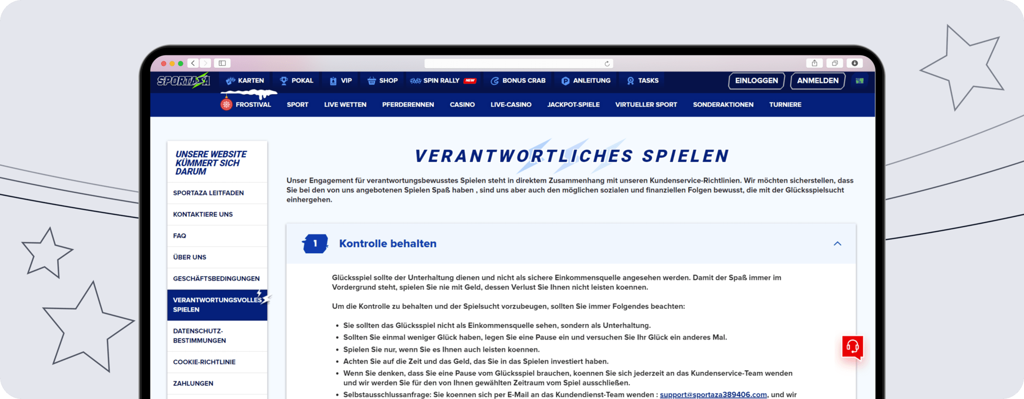 Screenshot des Bereichs „Verantwortungsvolles Spielen“ auf Sportaza