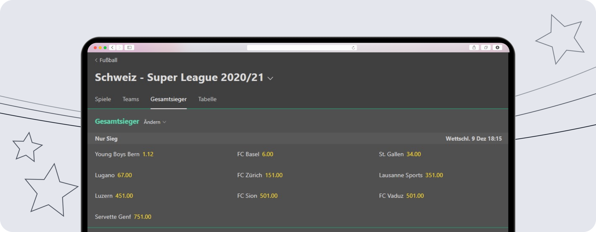 Screenshot der Swiss Super League 2020/21-Quoten auf bet365