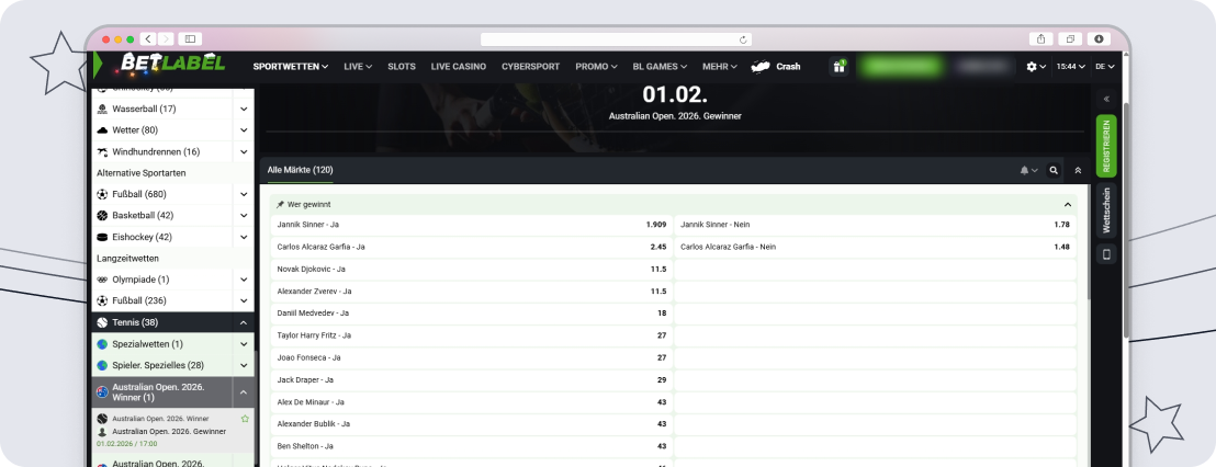 Screenshot Betlabel Australian Open Winner