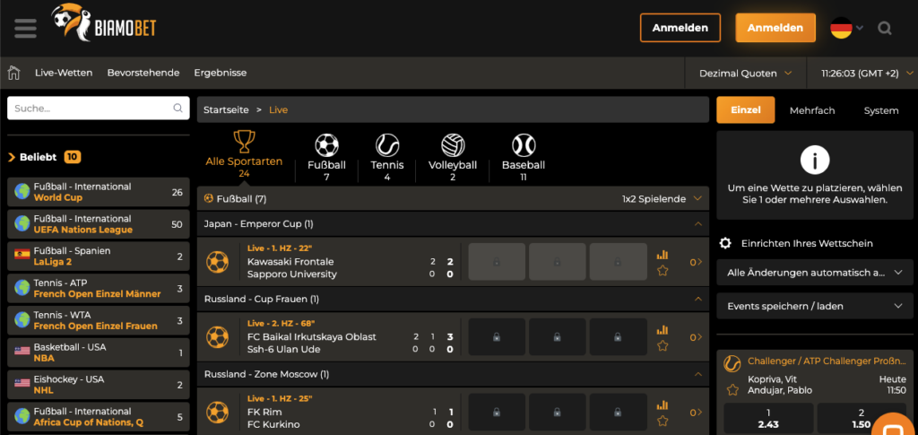 BiamoBet Sportwetten Live-Bereich
