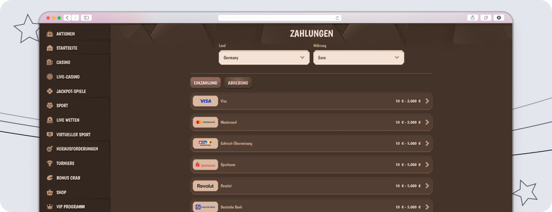 Screenshot StoneVegas Einzahlungen & Auszahlungen