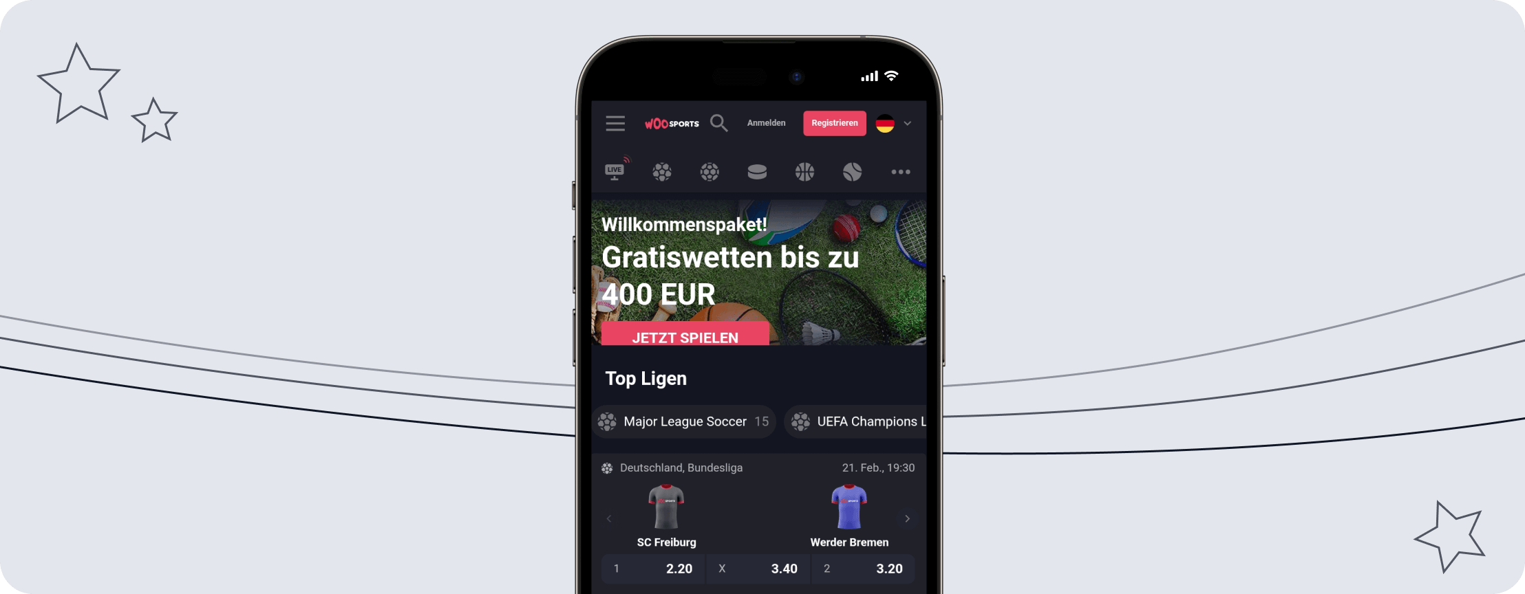 Ansicht einer Sportwettenseite mit Wettbonus.