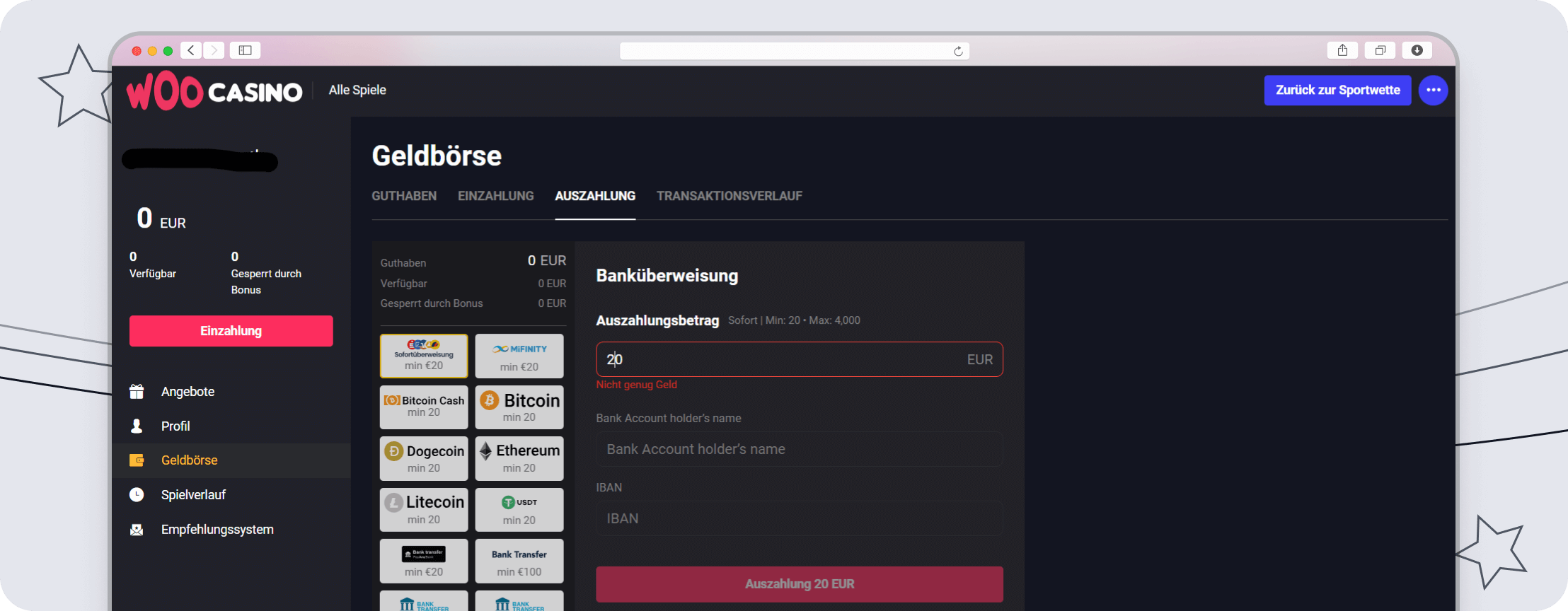 Auszahlungsbereich bei WooSports mit Zahlungsmethoden und Limits.