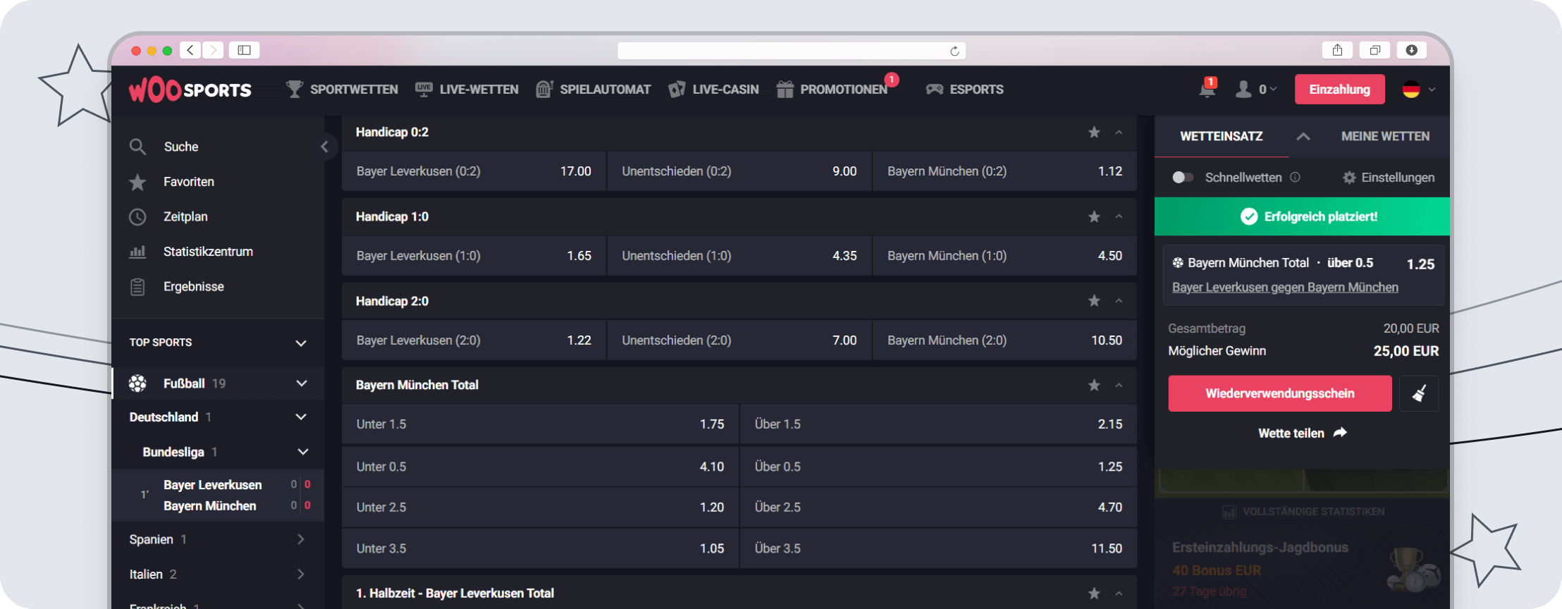 Ein Wettschein mit der Aufschrift erfolreich platziert und Spielinformationen sowie Quoten.