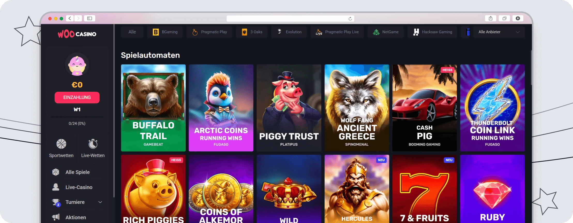 Eine Liste von Online-Spielautomaten mit Illustrationen.