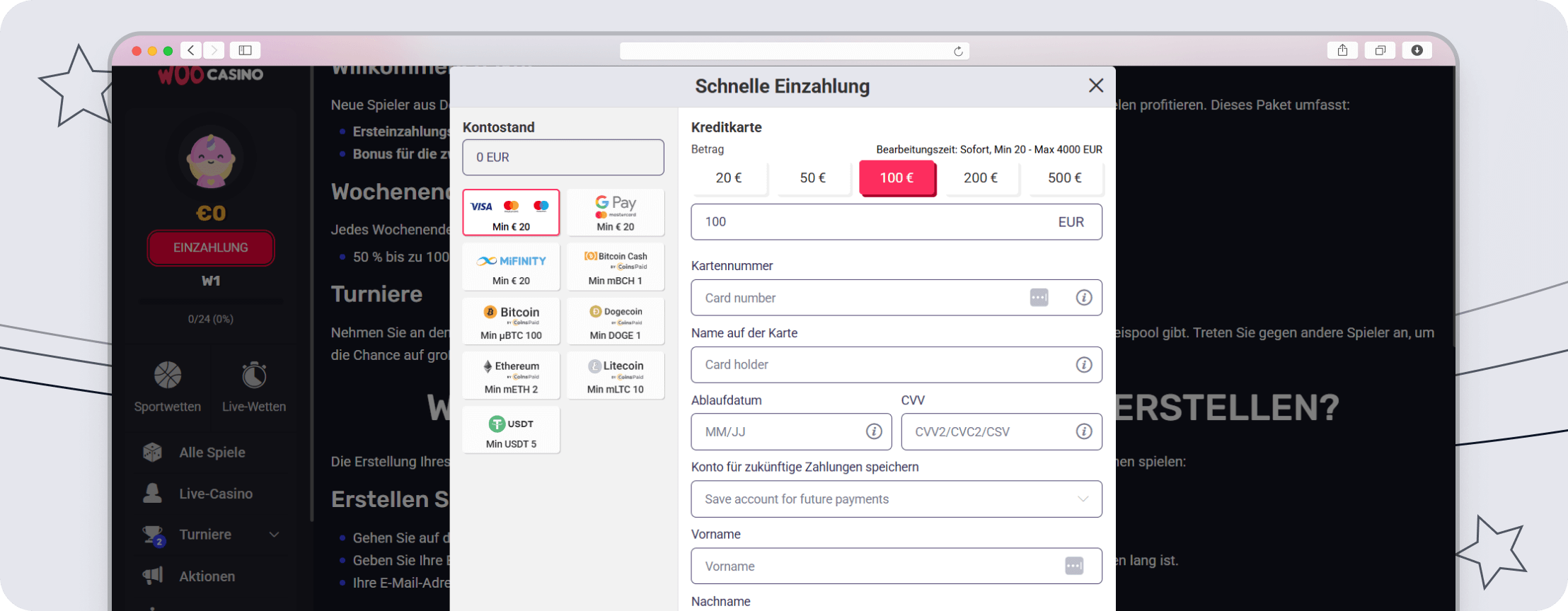 Eine Liste von Einzahlungsmethoden.