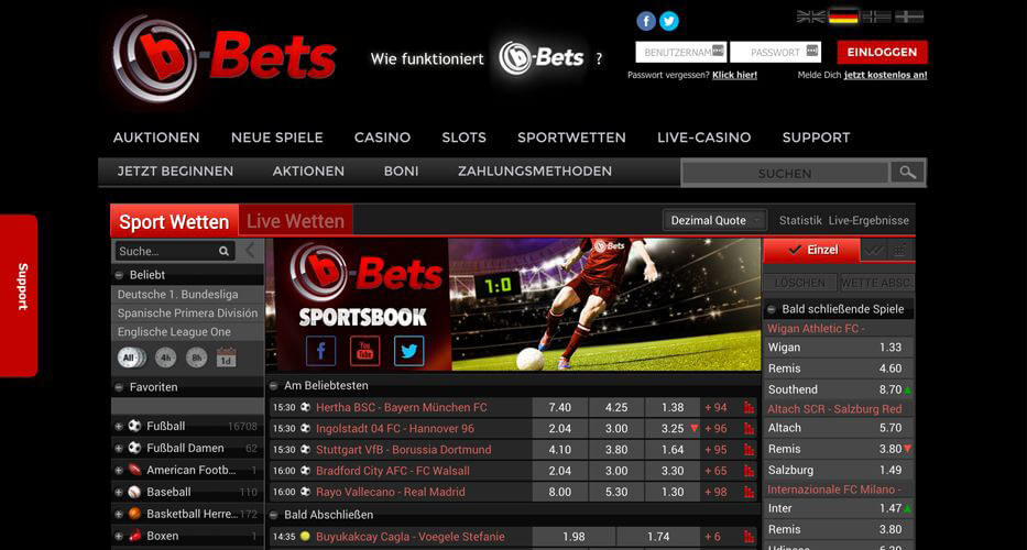 Webseite mit der Sportwetten-Übersicht des Wettanbieters b-Bets (Quelle: b-Bets)