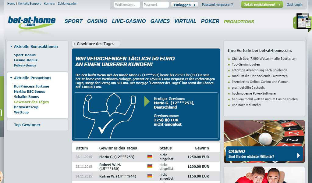 50 Euro erhalten Bestandskunden bei bet-at-home.com als "Gewinner des Tages" (Quelle: bet-at-home.com)
