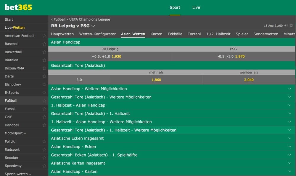 bet365 champions league wetten - asian handicap