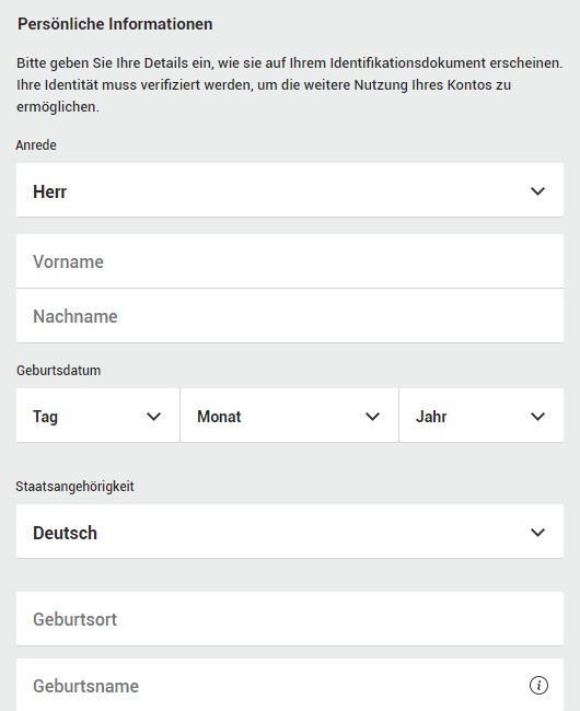 Persönliche Angaben bei der Registrierung
