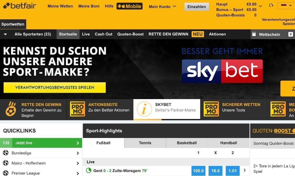 Die Webseite von Betfair