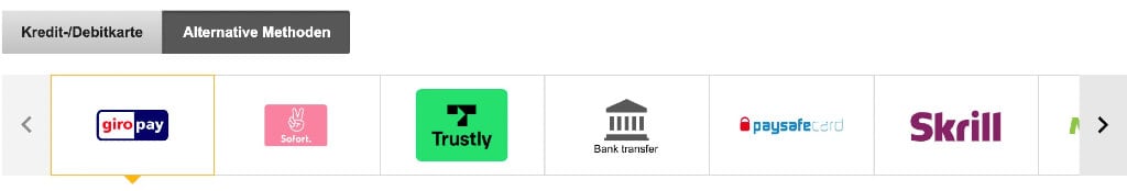 Auszug der Zahlungsmöglichkeiten von Betfair