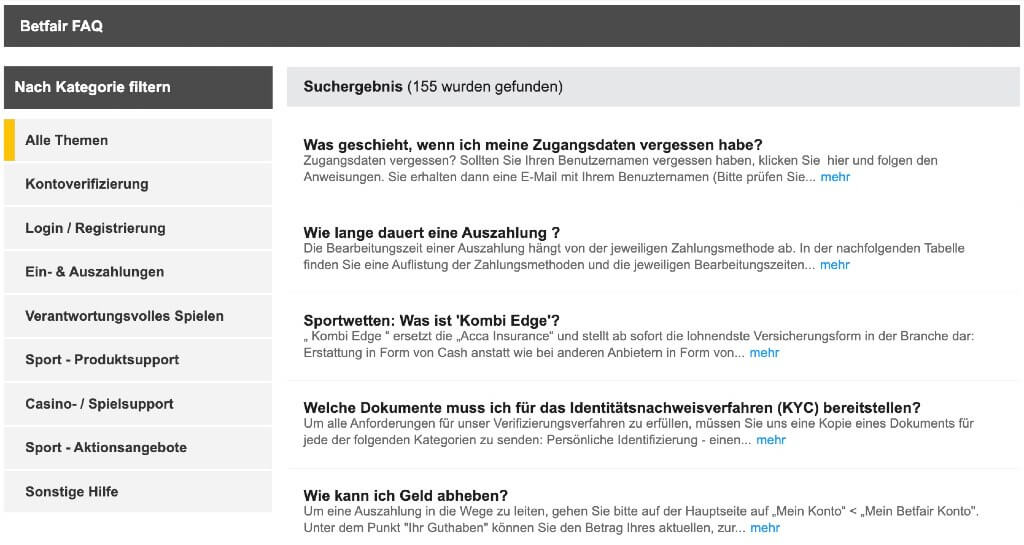 Der Betfair FAQ-Bereich