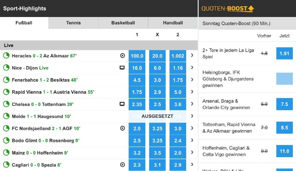 Die Sport-Highlight-Seite von Betfair