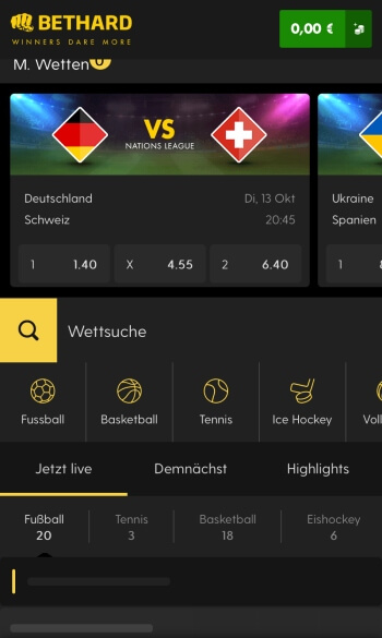 Die mobile App von Bethard Sportwetten