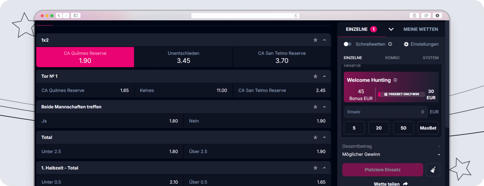 Sportwettenplattform mit diversen Märkten und Funktionen.