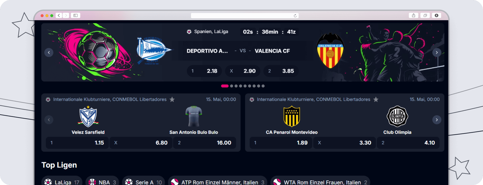 Übersicht einer Sportwettenseite.