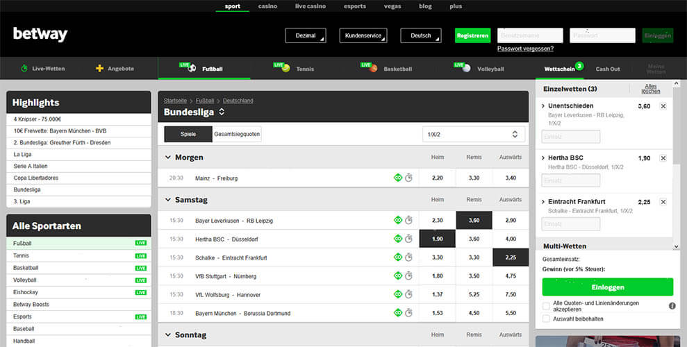 Betway Bundesliga Quoten mit Wettschein, der vor Abgabe nochmal genau geprüft werden sollte (Quelle: Betway)