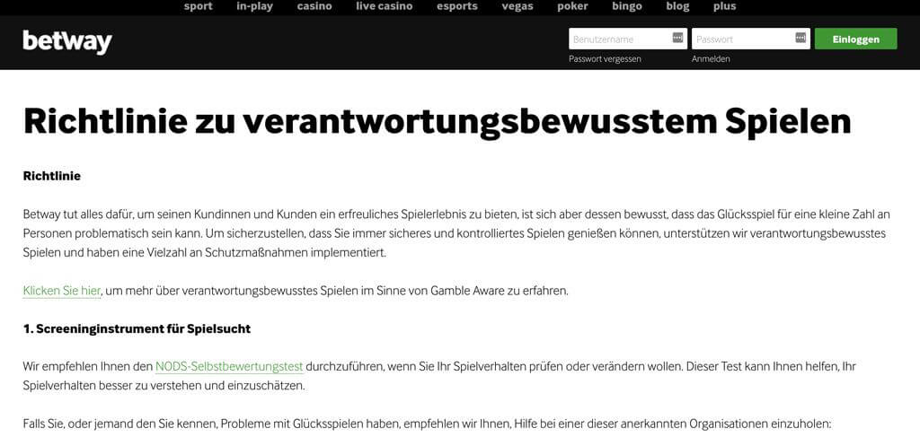 In den Richtlinien zu verantwortungsbewusstem Spielen bei Betway findest Du alle wichtigen Informationen. (Quelle: Betway)
