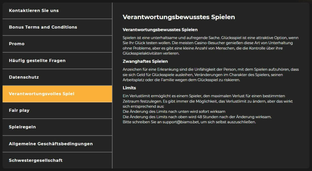 Verantwortungsvolles Spielen von BiamoBet