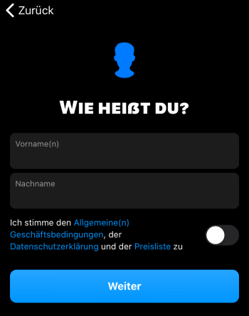 bunq – Namen angeben und AGB bestätigen