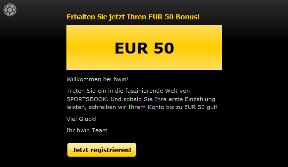 Der aktuelle Neukundenbonus bei bwin, den man nach Anmeldung und Einzahlung erhält (100% bis 50 €)