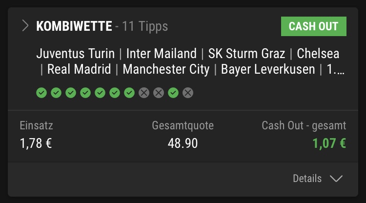 Cashout bei einer Kombiwette