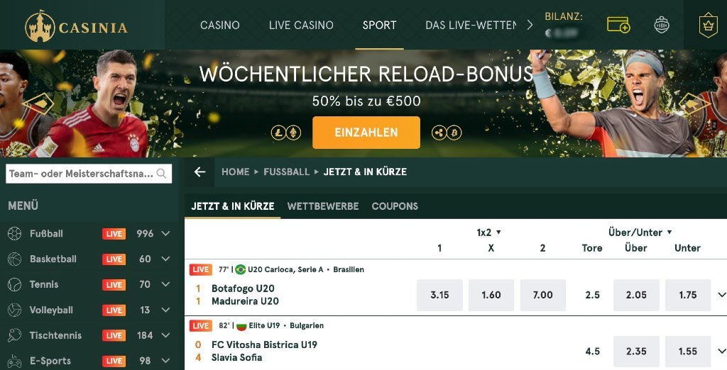 Startseite bei Casinia Sportwetten