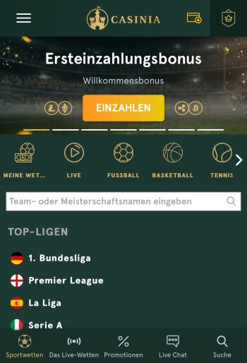 Mobiler Browser bei Casinia