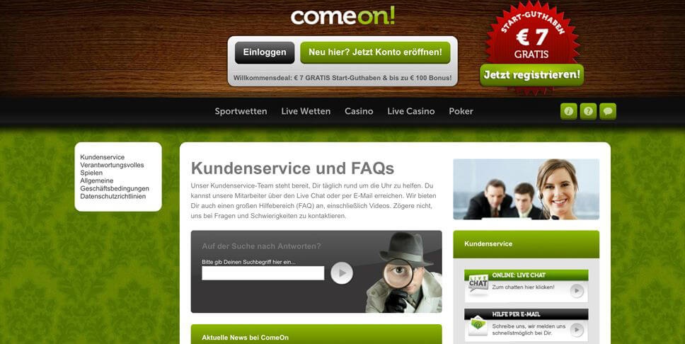 ComeOn ist über den Kundenservice schnell zu erreichen (Quelle: ComeOn)