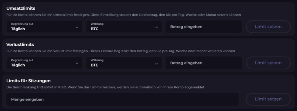 Limit-Einstellungen bei CryptoLeo