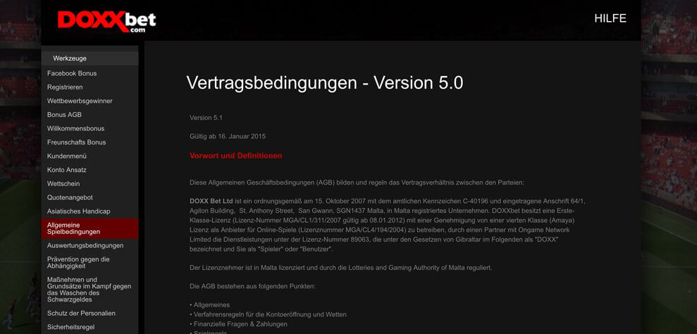 In den Vertragsbedingungen bei DOXXbet sind alle Informationen transparent dargestellt (Quelle: DOXXbet)
