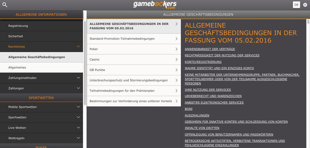 In den AGB von gamebookers findest Du alle wichtigen Informationen (Quelle: gamebookers)