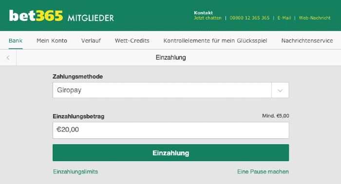 Mit Giropay bei bet365 einzahlen – Giropay auswählen
