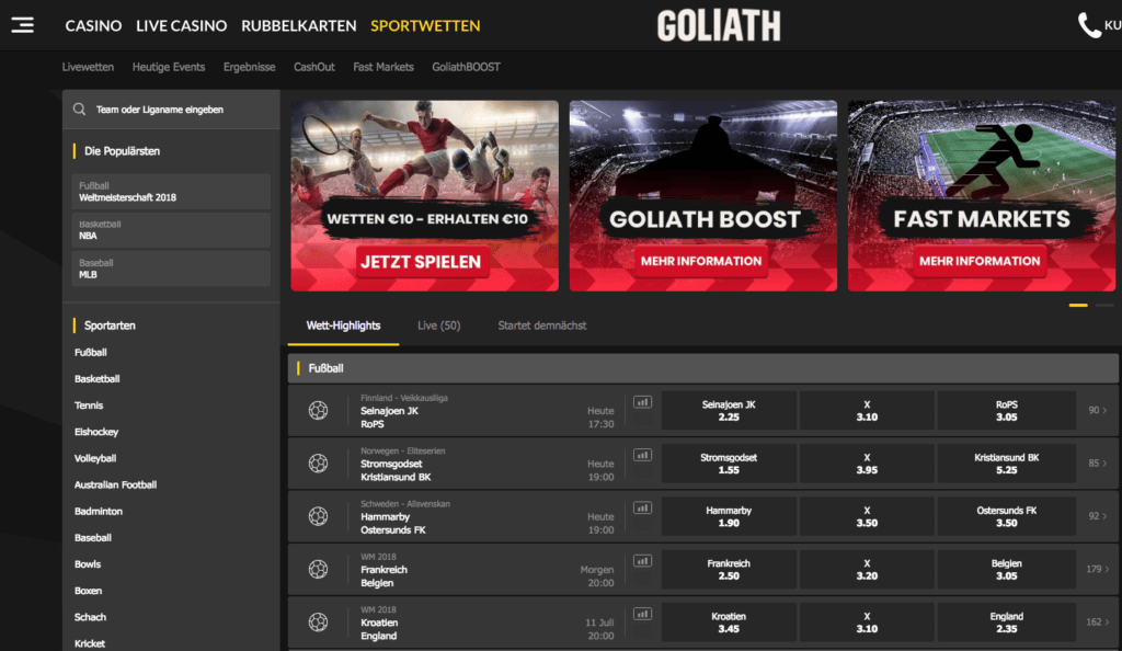 Goliath Sportwetten Erfahrungen – Wettangebot