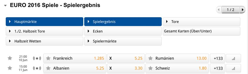 Quotenübersicht EM 2016 bei Iron Bet (Quelle: Iron Bet)