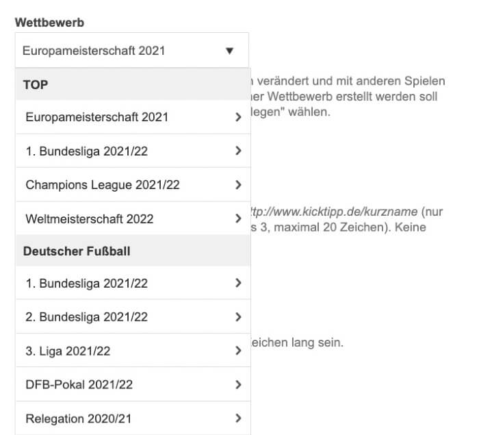 Ligenauswahl bei Kicktipp