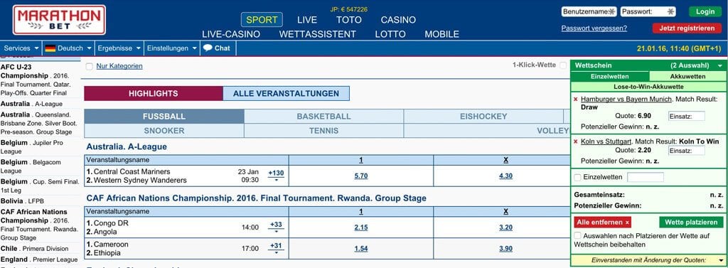 Marathonbet mit einer Auswahl der Fussball-Ligen und einem Wettschein (Quelle: Marathonbet)