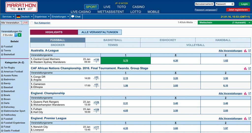 Startseite des Wettanbieters Marathonbet mit der Anmeldung oben rechts (Quelle: MarathonBet)