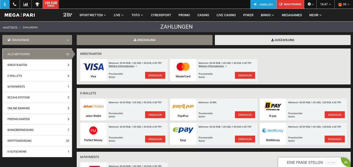 Megapari Sportwetten Erfahrungen – Einzahlungen und Auszahlungen