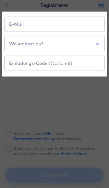 Registrierung bei Monese – Datenangabe