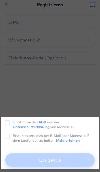 Registrierung bei Monese – AGB und Datenschutzerklärung zustimmen