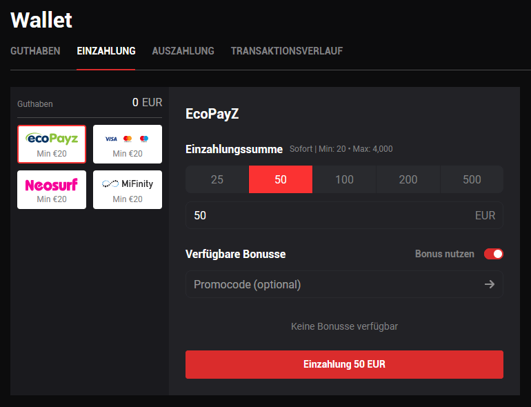 Einzahlung bei N1 BET