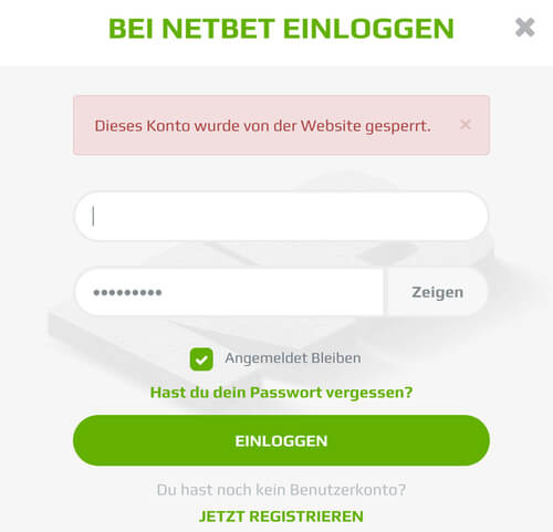 Anmeldemaske von gesperrtem NetBet-Konto